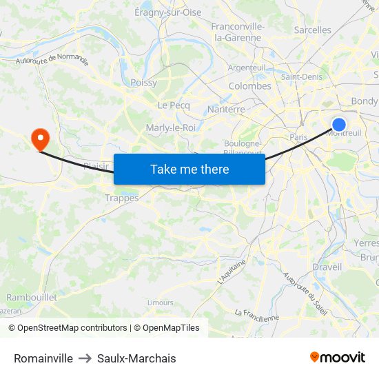 Romainville to Saulx-Marchais map