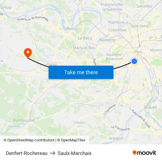 Denfert-Rochereau to Saulx-Marchais map