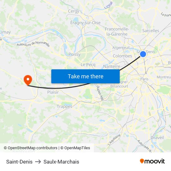 Saint-Denis to Saulx-Marchais map