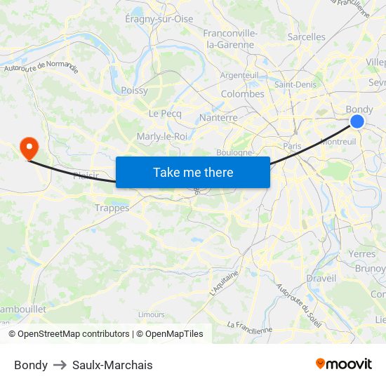 Bondy to Saulx-Marchais map