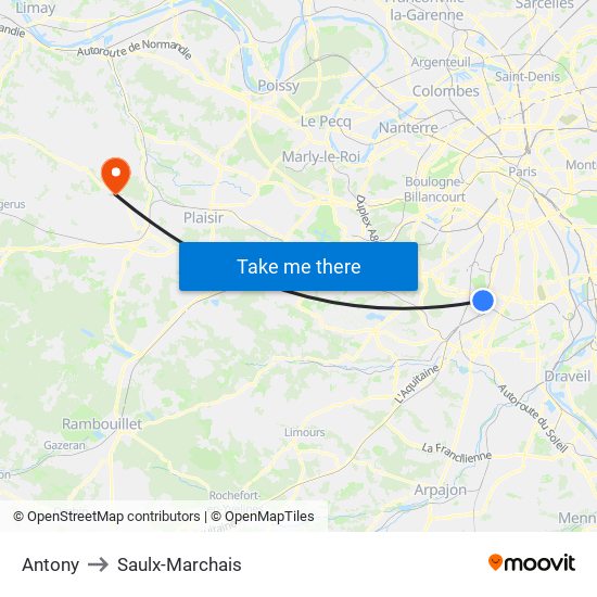 Antony to Saulx-Marchais map