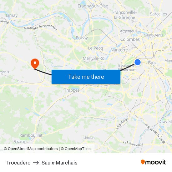 Trocadéro to Saulx-Marchais map