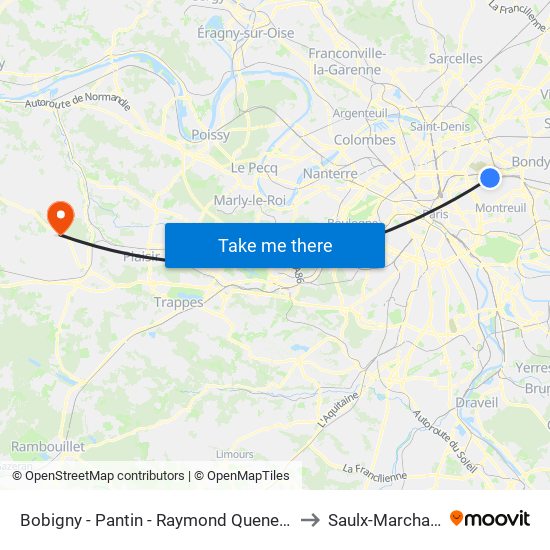 Bobigny - Pantin - Raymond Queneau to Saulx-Marchais map