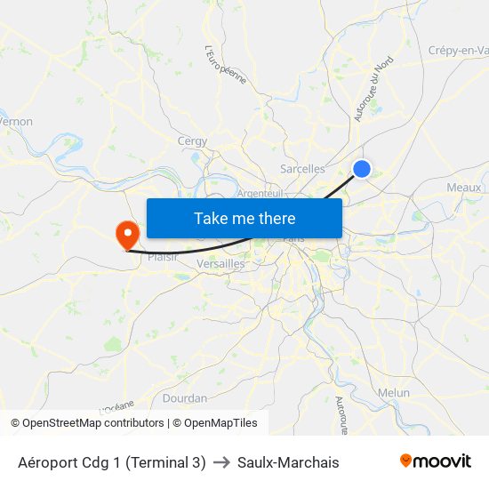 Aéroport Cdg 1 (Terminal 3) to Saulx-Marchais map