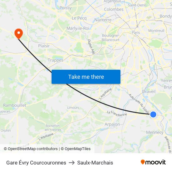 Gare Évry Courcouronnes to Saulx-Marchais map