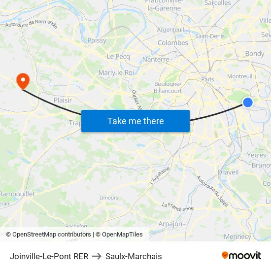 Joinville-Le-Pont RER to Saulx-Marchais map