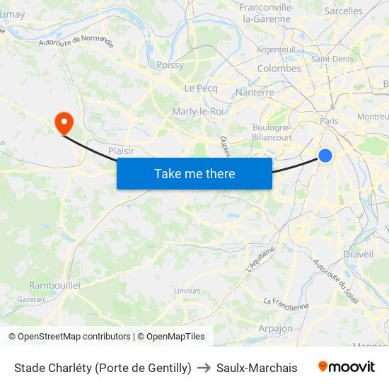 Stade Charléty (Porte de Gentilly) to Saulx-Marchais map