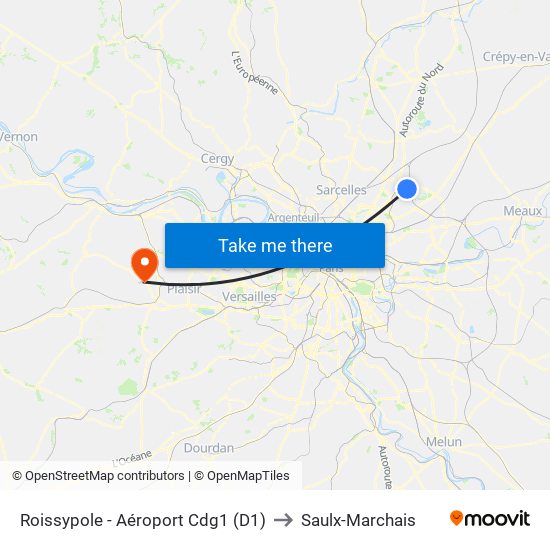 Roissypole - Aéroport Cdg1 (D1) to Saulx-Marchais map