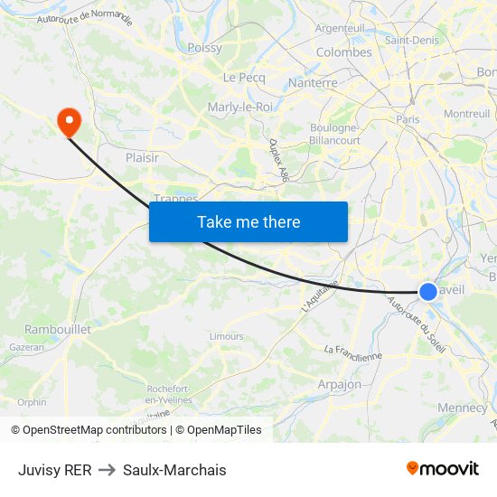 Juvisy RER to Saulx-Marchais map