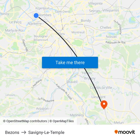 Bezons to Savigny-Le-Temple map