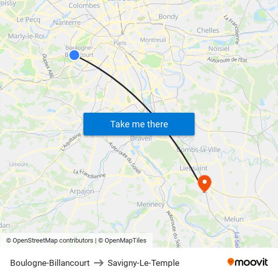 Boulogne-Billancourt to Savigny-Le-Temple map