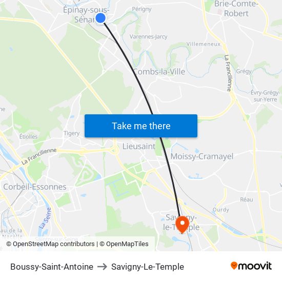 Boussy-Saint-Antoine to Savigny-Le-Temple map