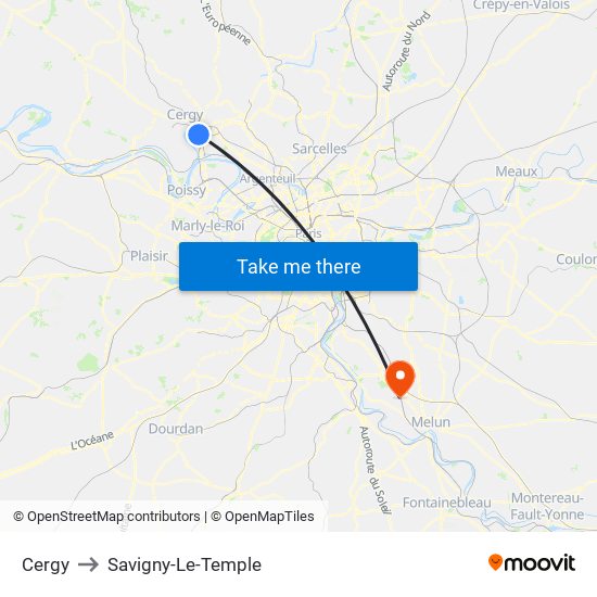 Cergy to Savigny-Le-Temple map