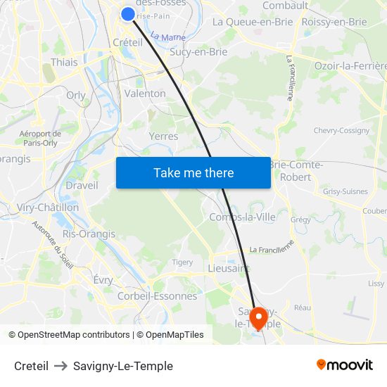 Creteil to Savigny-Le-Temple map