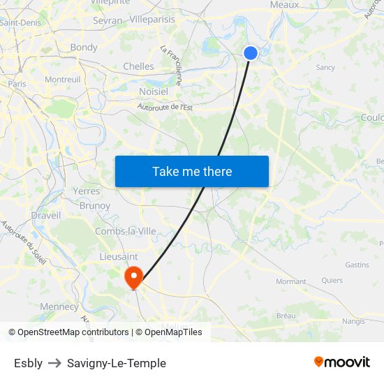 Esbly to Savigny-Le-Temple map