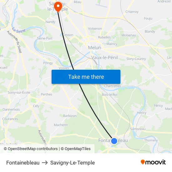 Fontainebleau to Savigny-Le-Temple map