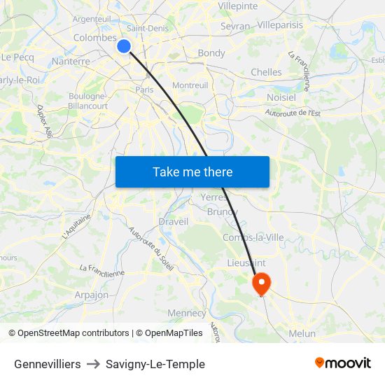 Gennevilliers to Savigny-Le-Temple map