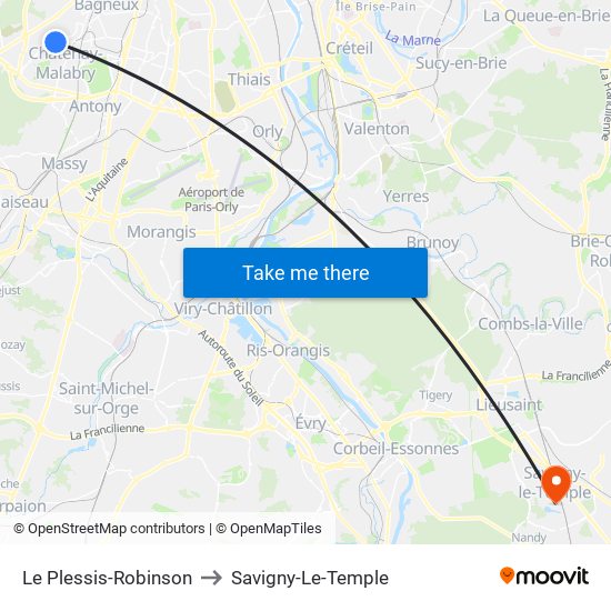 Le Plessis-Robinson to Savigny-Le-Temple map