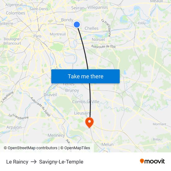 Le Raincy to Savigny-Le-Temple map