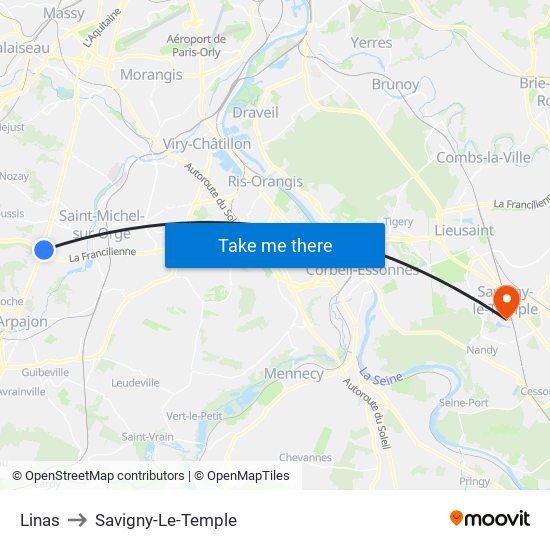 Linas to Savigny-Le-Temple map