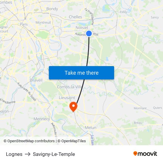 Lognes to Savigny-Le-Temple map