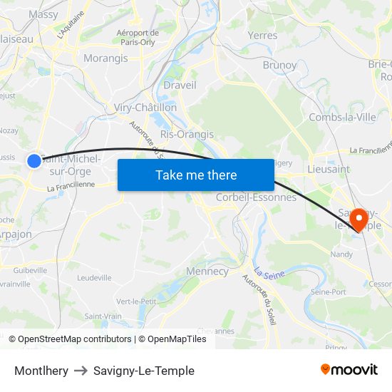 Montlhery to Savigny-Le-Temple map