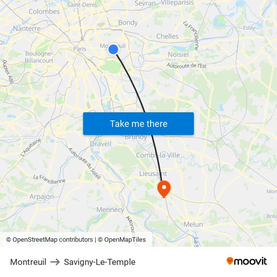 Montreuil to Savigny-Le-Temple map