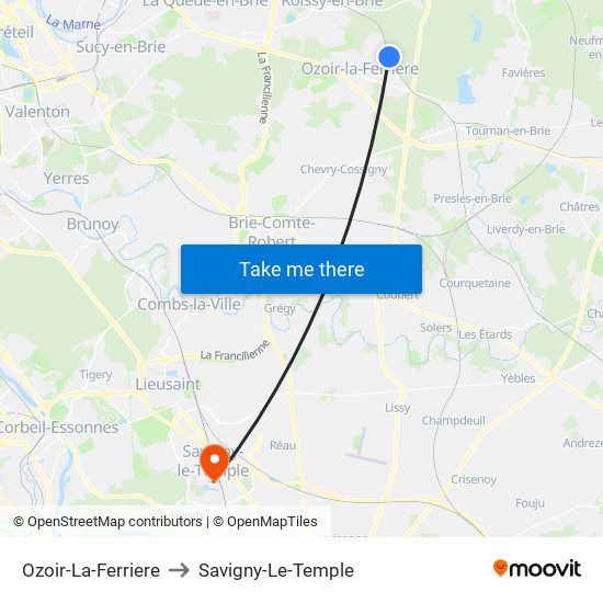 Ozoir-La-Ferriere to Savigny-Le-Temple map