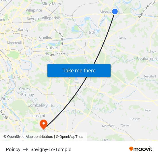 Poincy to Savigny-Le-Temple map