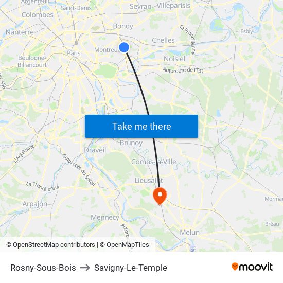 Rosny-Sous-Bois to Savigny-Le-Temple map