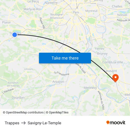 Trappes to Savigny-Le-Temple map