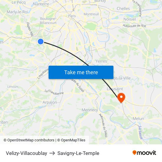 Velizy-Villacoublay to Savigny-Le-Temple map