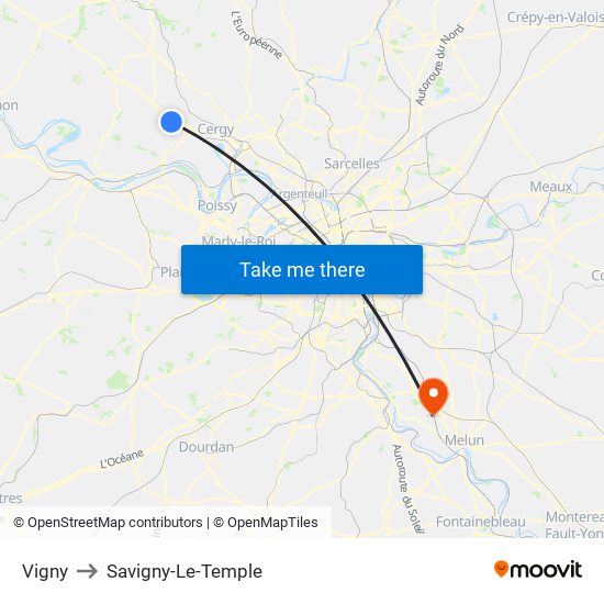Vigny to Savigny-Le-Temple map