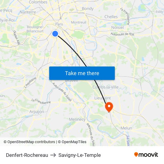 Denfert-Rochereau to Savigny-Le-Temple map