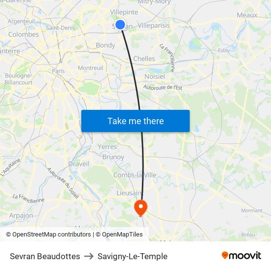 Sevran Beaudottes to Savigny-Le-Temple map