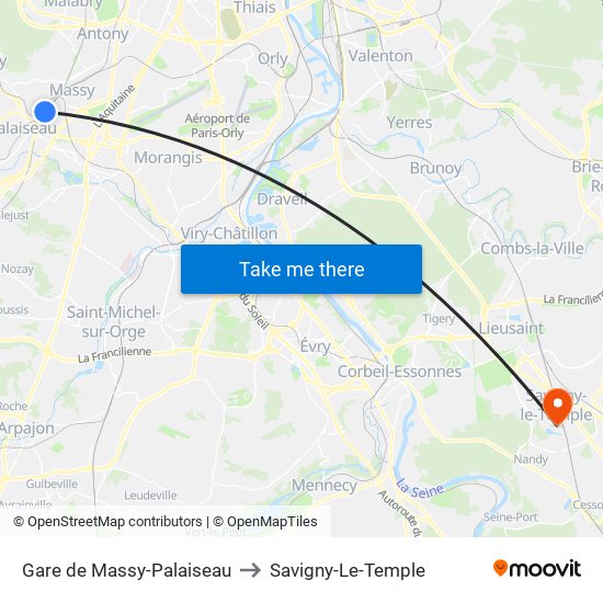 Gare de Massy-Palaiseau to Savigny-Le-Temple map