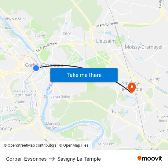 Corbeil-Essonnes to Savigny-Le-Temple map