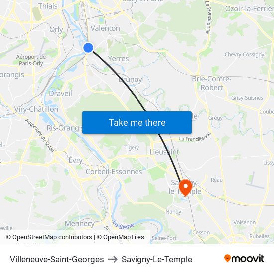 Villeneuve-Saint-Georges to Savigny-Le-Temple map