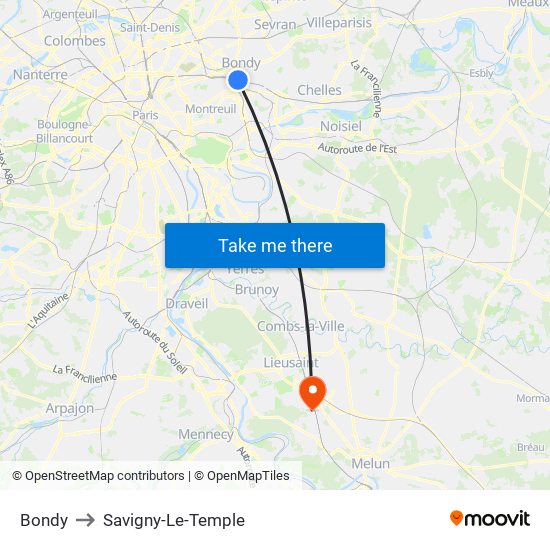 Bondy to Savigny-Le-Temple map