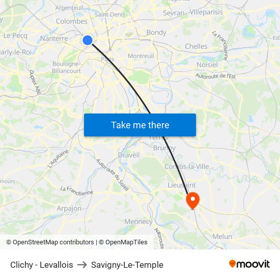 Clichy - Levallois to Savigny-Le-Temple map