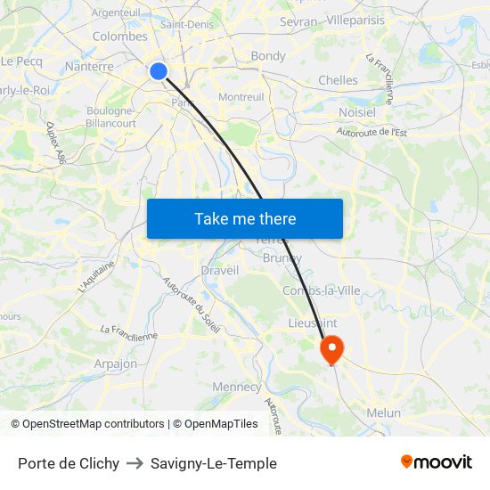 Porte de Clichy to Savigny-Le-Temple map