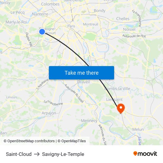 Saint-Cloud to Savigny-Le-Temple map