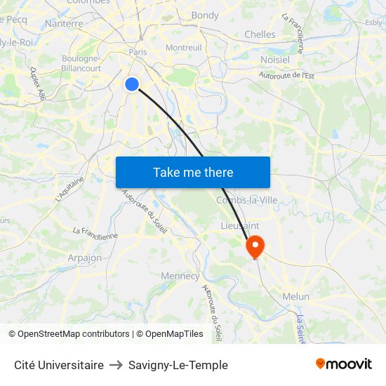 Cité Universitaire to Savigny-Le-Temple map