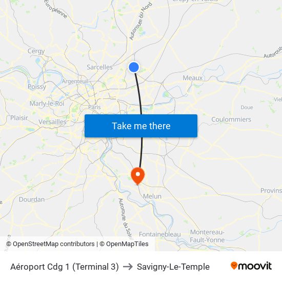 Aéroport Cdg 1 (Terminal 3) to Savigny-Le-Temple map