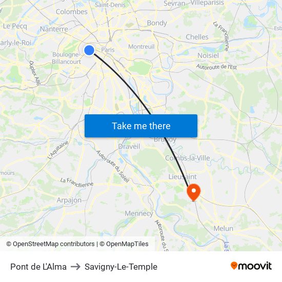 Pont de L'Alma to Savigny-Le-Temple map