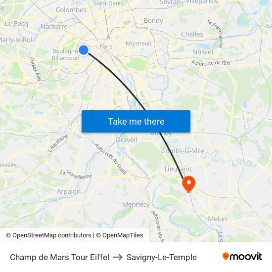 Champ de Mars Tour Eiffel to Savigny-Le-Temple map
