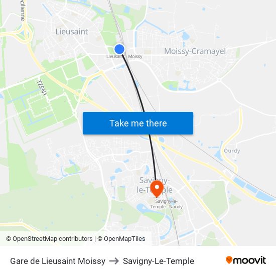 Gare de Lieusaint Moissy to Savigny-Le-Temple map