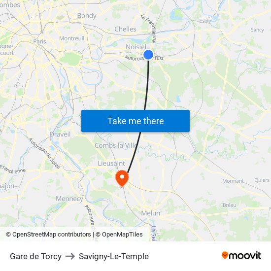 Gare de Torcy to Savigny-Le-Temple map