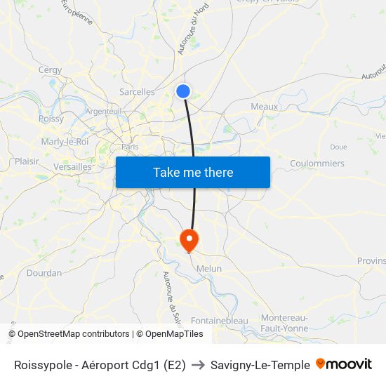 Roissypole - Aéroport Cdg1 (E2) to Savigny-Le-Temple map