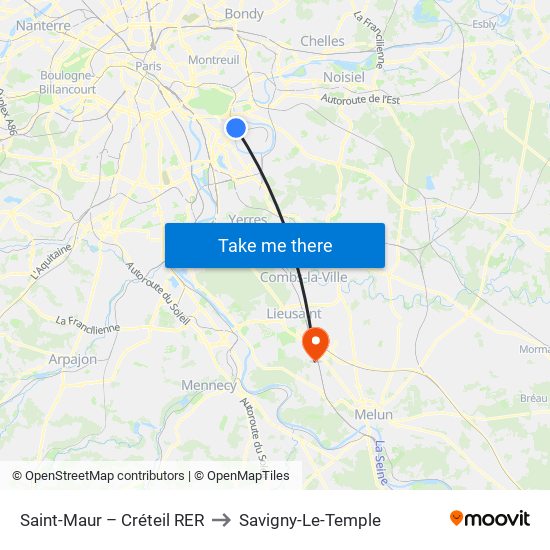 Saint-Maur – Créteil RER to Savigny-Le-Temple map